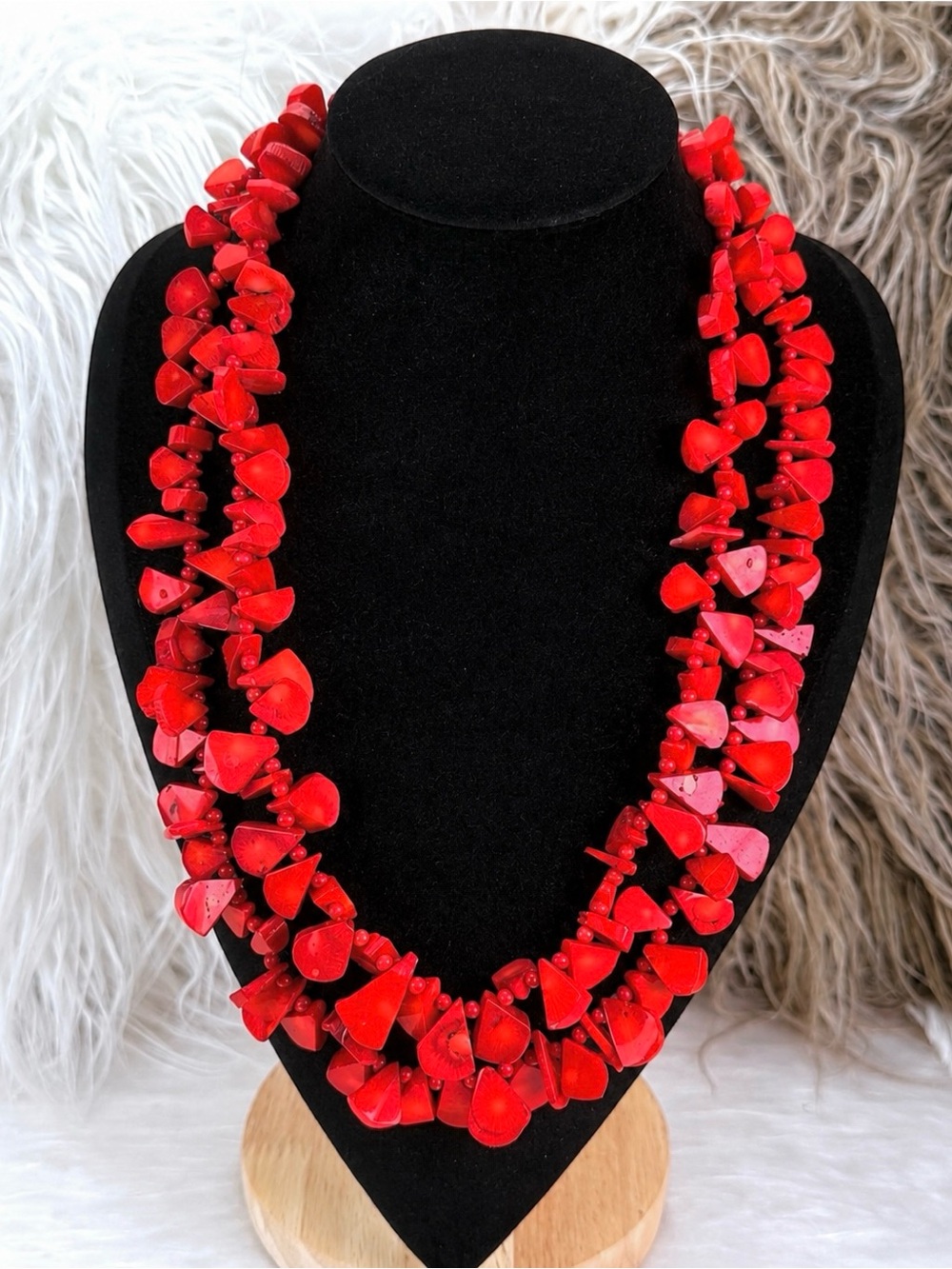 Vivid Red Multi Strand Chip Bead Statement Necklace Boho Resort Jewelry